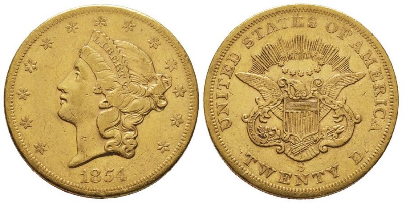 USA
20 Dollars, San Francisco, 1854S, AU 33.43 g.
Ref : KM#74.1, Fr.172 Conserva...