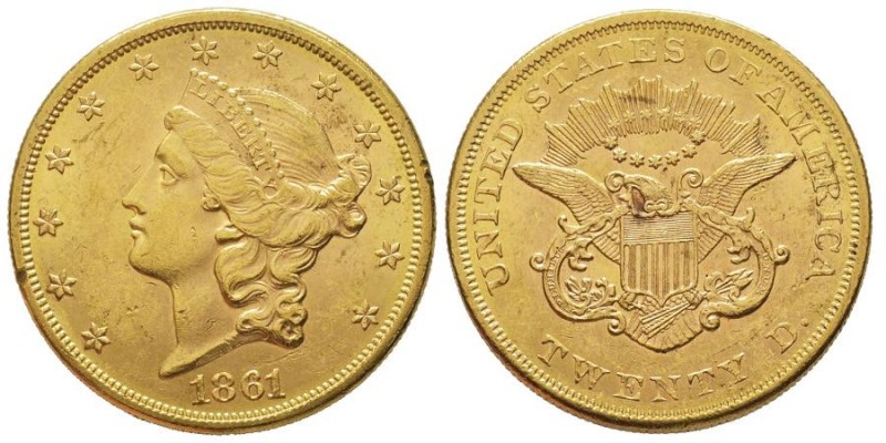 20 Dollars, Philadelphie, 1861, AU 33.43 g.
Ref : Fr. 169, KM#74.1
Conservation ...