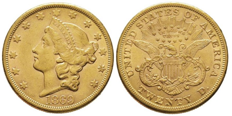 20 Dollars, San Francisco, 1869 S, AU 33.43 g.
Ref : KM#74.2, Fr.175
Conservatio...
