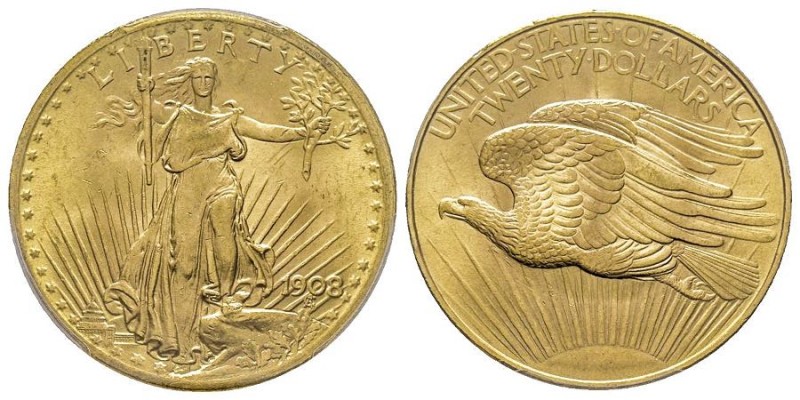20 Dollars, Philadelphia, 1908, AU 33.43 g.
Ref : Fr. 183, KM#127
Conservation :...
