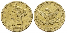 10 Dollars, Philadelphia, 1847, AU16.66 g. 
Ref : Fr. 155, KM#102
Conservation : TTB