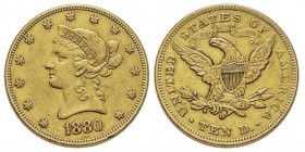 10 Dollars, New Orleans, 1880 O, AU 16.66 g. 
Ref : Fr. 159, KM#102
Conservation : TTB/SUP. Rare