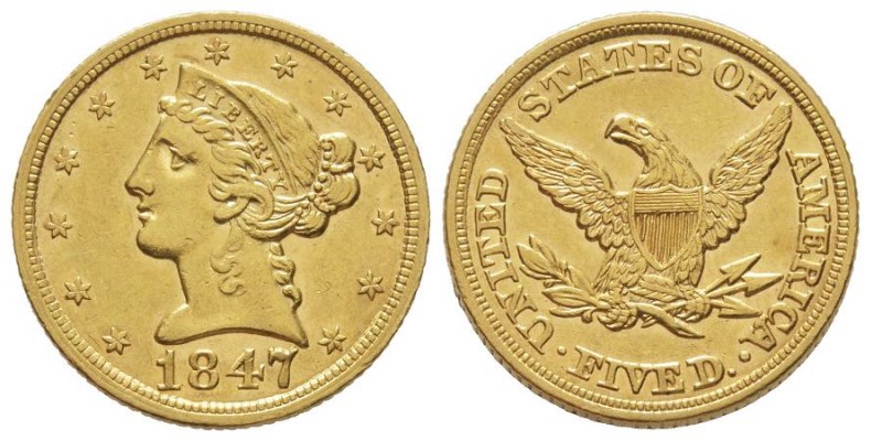 5 Dollars, Philadelphie, 1847, AU 8.33 g.
Ref : Fr. 138, KM#69
Conservation : NG...