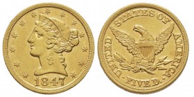 5 Dollars, Philadelphie, 1847, AU 8.33 g.
Ref : Fr. 138, KM#69
Conservation : NGC AU58