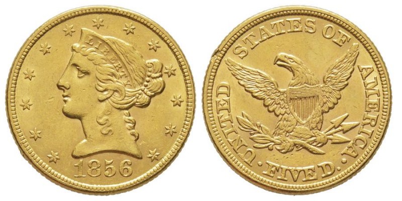 5 Dollars, Philadelphie, 1856, AU 8.33 g.
Ref : Fr. 138, KM#69
Conservation : NG...