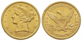 5 Dollars, Philadelphie, 1856, AU 8.33 g.
Ref : Fr. 138, KM#69
Conservation : NGC AU58
