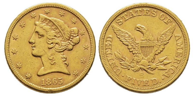 5 Dollars, San Francisco, 1865 S, AU 8.33 g.
Ref : Fr. 142
Conservation : NGC AU...