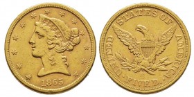 5 Dollars, San Francisco, 1865 S, AU 8.33 g.
Ref : Fr. 142
Conservation : NGC AU53. Rare