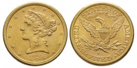 5 Dollars, San Francisco, 1886 S, AU 8.33 g.
Ref : Fr. 145, KM#101
Conservation : NGC MS61