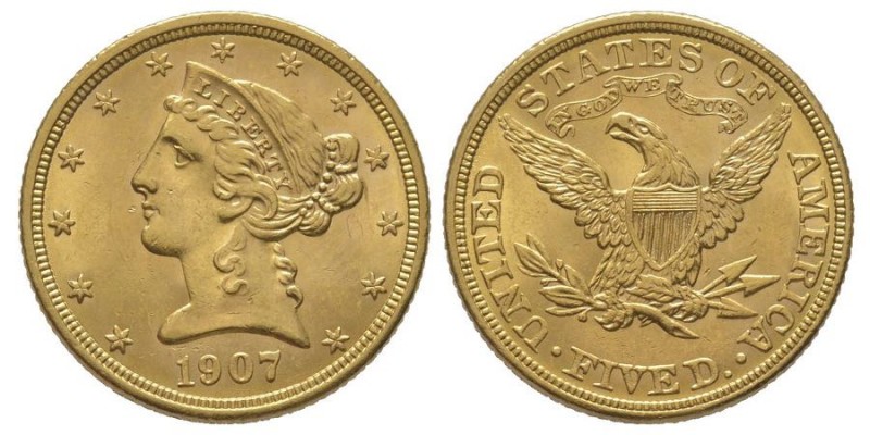 5 Dollars, Philadelphia, 1907 AU 8.36 g.
Ref : Fr. 143, KM#101
Conservation : NG...