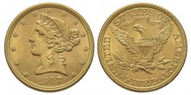 5 Dollars, Philadelphia, 1907 AU 8.36 g.
Ref : Fr. 143, KM#101
Conservation : NGC MS63