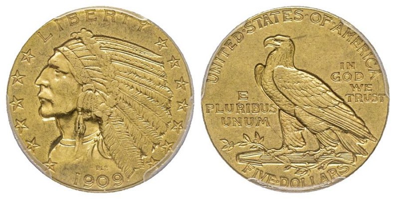 5 Dollars, New Orleans, 1909 O, AU 8.35 g.
Ref : Fr. 149, KM#129
Conservation : ...