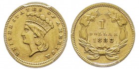 1 Dollar, Type 3, Indian Princess, Large Head, 1883, AU 1.67 g.
Ref : Fr. 94
Conservation : PCGS MS64