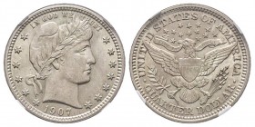 Barber quarter dollar, 1907, AG 6.25 g.
Ref : KM#114
Conservation : NGC MS62