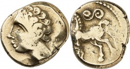 GAULE
Arvernes (Ier tiers du Ier siècle av. J.-C.). Statère d’or.
Av. Buste juvénile à gauche, aux cheveux bouclés. Rv. Cheval à gauche. Au-dessus, ...