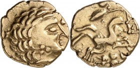 GAULE
Aulerques Cenomans, (IIème siècle av. J.C.). Statère d’or.
Av. Tête laurée à droite. Rv. Cheval androcéphale, au-dessous, personnage aptère al...
