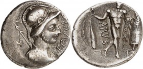 GAULE
Eduens incertaine (IIème tiers du Ier siècle av. J.C.). Quinaire d’argent.
Av. Buste casqué à droite, à gauche lance et flèche. Devant SEGVSIA...