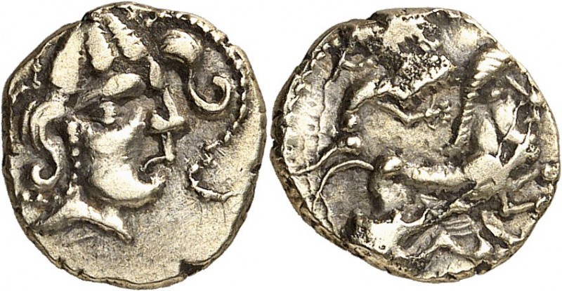 GAULE
Vénètes (IIème - Ier siècle av. J.C.). 1/4 statère d’or allié.
Av. Tête ...