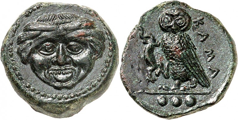 GRÈCE ANTIQUE
Sicile, Camarina (420-410 av. J.C.). Tétras, AE.
Av. Tête de gor...