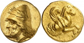 GRÈCE ANTIQUE
Mysie, Lampsaque (ca 340 av. J.C.). Statère d’or.
Av. Tête à gauche d’un cabire barbu, coiffé d’un pilos orné d’une couronne de laurie...