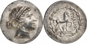 GRÈCE ANTIQUE
Eolide, Kyme (164-140 av. J.C.). Tétradrachme argent 165-140 av. J.C.
Av. Tête de l’amazone Kyme à droite, les cheveux tenus par un ba...