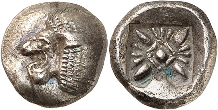 GRÈCE ANTIQUE
Éolide, Milet (440-420 av. J.C.). Diobole argent.
Av. Protomé de...