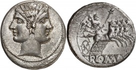 RÉPUBLIQUE ROMAINE
Anonymes (225-212 av. J.C.). Didrachme, Rome.
Av. Tête de Janus laurée. Rv. Quadrige à droite.
Cr. 28. 5,72 g.
TTB à Superbe...