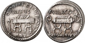 RÉPUBLIQUE ROMAINE
Q. Pompeius Rufus. Denier 54 av. J.C., Rome.
Av. Et Rv. Chaise curule sur une estrade.
Cr. 432/2. 4,12 g.
Provenance : vente au...