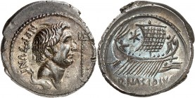 RÉPUBLIQUE ROMAINE
Sextus Pompée. Denier 44-43 av. J.C.
Av. Tête à droite. Rv. Galère naviguant à droite.
S. 1390. 3,88 g.
Accompagné d’une ancien...