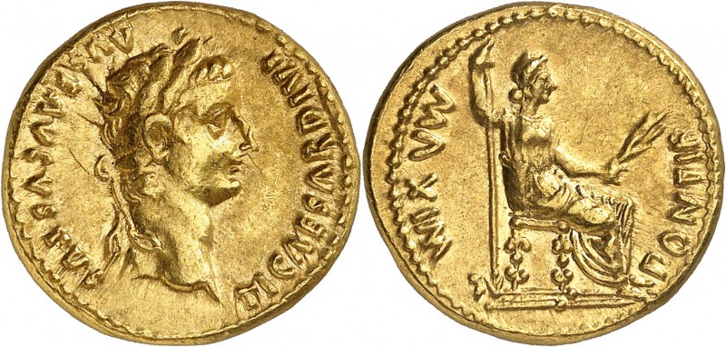 EMPIRE ROMAIN
Tibère (14-37). Aureus, Lyon.
Av. Tête laurée à droite. Rv. Livi...