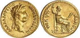 EMPIRE ROMAIN
Tibère (14-37). Aureus, Lyon.
Av. Tête laurée à droite. Rv. Livie assise à droite.
Cal. 305a. 7,84 g.
Superbe