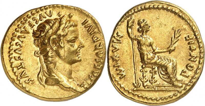 EMPIRE ROMAIN
Tibère (14-37). Aureus, Lyon.
Av. Tête laurée à droite. Rv. Livi...