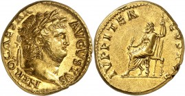 EMPIRE ROMAIN
Néron (54-68). Aureus 64-65, Rome.
Av. Buste lauré à droite. Rv. Jupiter assis à gauche.
Cal. 412. 7,28 g.
Provenance : vente aux en...