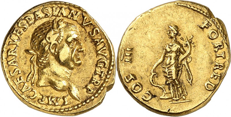 EMPIRE ROMAIN
Vespasien (69-79). Aureus 70, Lyon.
Av. Tête laurée à droite. Rv...