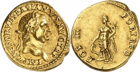 EMPIRE ROMAIN
Vespasien (69-79). Aureus 70, Lyon.
Av. Tête laurée à droite. Rv. La fortune à gauche.
Cal. 613. 7,36 g.
Monnaie agréable, flan irré...
