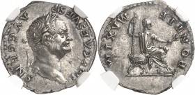 EMPIRE ROMAIN
Vespasien (69-79). Denier 73, Rome.
Av. Tête laurée à droite. Rv. Vespasien assis à droite.
Ric. 546. 3,54 g.
NGC AU* 5/5 5/5. Portr...