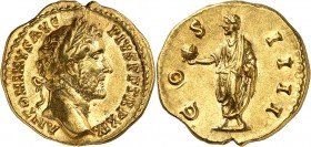 EMPIRE ROMAIN
Antonin le Pieux (138-161). Aureus 154-155, Rome.
Av. Tête laurée à droite. Rv. Antonin debout à gauche tenant dans sa main droite un ...