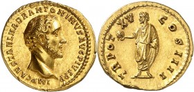 EMPIRE ROMAIN
Antonin le Pieux (138-161). Aureus 151-152, Rome.
Av. Tête nue à droite. Rv. Antonin debout à gauche tenant dans sa main droite un glo...