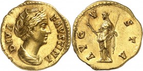 EMPIRE ROMAIN
Faustine mère (138-141). Aureus 146-161, Rome.
Av. Buste drapé et diadémé à droite. Rv. Augusta debout à gauche.
Cal. 1763a. 7,51 g....