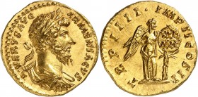 EMPIRE ROMAIN
Lucius Verus (161-169). Aureus 163-164, Rome.
Av. Buste drapé et lauré à droite. Rv. Victoire debout à droite posant un bouclier.
Cal...