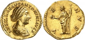EMPIRE ROMAIN
Lucille, femme de Lucius Verus (161-169). Aureus 164-166, Rome.
Av. Buste drapé à droite. Rv. Vénus debout à gauche.
Cal. 2218. 7,33 ...