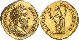 EMPIRE ROMAIN
Marc Aurèle (161-180). Aureus 170, Rome.
Av. Buste drapé et lauré à droite. Rv. Felicitas debout à gauche.
Cal. 1856. 7,28 g.
Infime...