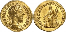 EMPIRE ROMAIN
Marc Aurèle (161-180). Aureus 178, Rome.
Av. Buste drapé et lauré à droite. Rv. Annona debout à gauche.
Cal. 2019. 7,18 g.
Provenanc...