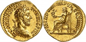 EMPIRE ROMAIN
Commode (177-192). Aureus 183-184, Rome.
Av. Buste lauré et cuirassé à droite. Rv. Jupiter assis à gauche.
Cal. 2296. 7,14 g.
Proven...