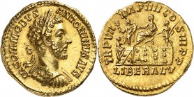 EMPIRE ROMAIN
Commode (177-192). Aureus 183-184, Rome.
Av. Buste lauré et cuirassé à droite. Rv. Commode assis sur une estrade.
Cal. 2277. 7,33 g....
