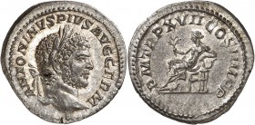 EMPIRE ROMAIN
Caracalla (198-217). Denier 214, Rome.
Av. Buste lauré à droite. Rv. Apollon assis à gauche tenant une branche de laurier de sa main d...