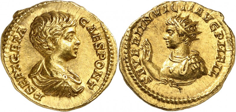 EMPIRE ROMAIN
Geta et Caracalla (198-209). Aureus 200, Rome.
Av. Buste cuirass...