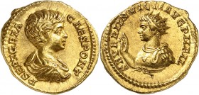 EMPIRE ROMAIN
Geta et Caracalla (198-209). Aureus 200, Rome.
Av. Buste cuirassé à droite. Rv. Buste cuirassé et radié à gauche saluant de la main dr...