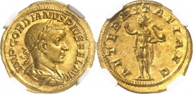 EMPIRE ROMAIN
Gordien III (238-244). Aureus 241-243, Rome.
Av. Buste lauré et drapé à droite. Rv. Allegorie du Soleil debout à gauche.
Cal. 3186b. ...