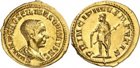 EMPIRE ROMAIN
Hostilien (251). Aureus 251.
Av. Buste lauré et drapé à droite. Rv. Hostilien en habit militaire debout à gauche.
Cal. 3318a. 3,88 g....